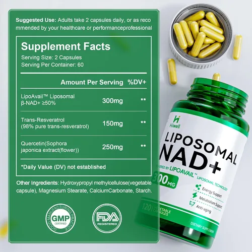 Vista 2 de Suplemento liposomal NAD de 300 mg + trans-resveratrol y quercetina, energía y apoyo antienvejecimiento, aumenta los niveles de NAD+ - Vegano
