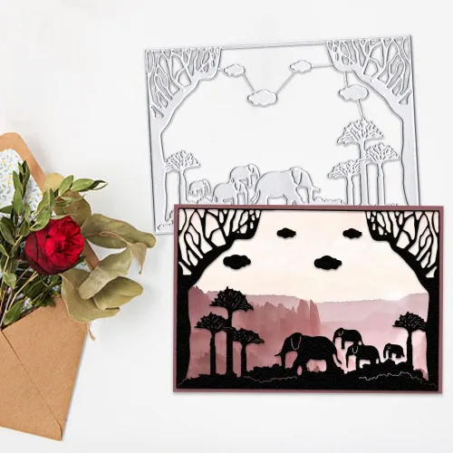 Vista 3 de Troqueles de corte de fondo de elefantes, animales, marco de fondo, troqueles para hacer tarjetas, fondo de árboles, troquelado, plantilla