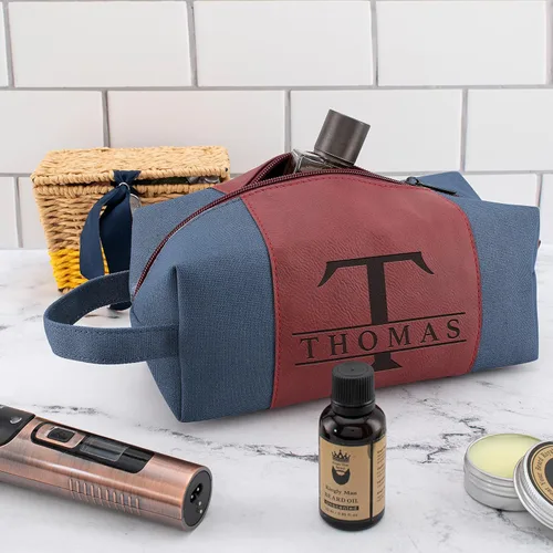 Vista 7 de Neceser para hombre personalizado, grabado con láser inicial y nombre en cuero, 4 colores de lienzo personalizados - Regalo para esposo, papá
