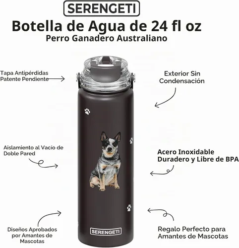 Vista 2 de SERENGETI Botella de Agua de 24 Oz de Acero Inoxidable con Tapa a Prueba de Derrames - Termo de agua de doble pared con aislamiento al vacío PERRO