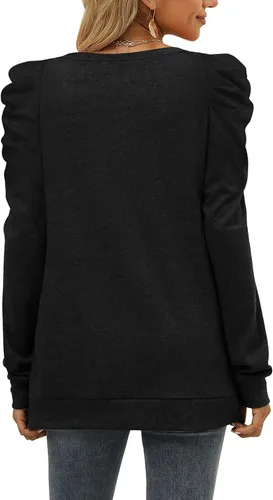 Vista 4 de XIEERDUO Sudaderas para mujer, cuello redondo, manga abombada, suéteres sueltos, ropa moderna y fluida