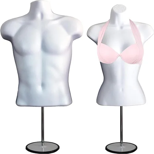 Vista 12 de Maniquí de torso masculino y femenino con soporte de metal, cuerpo con respaldo hueco, apilable, forma de vestido para exhibición de camisetas Negro