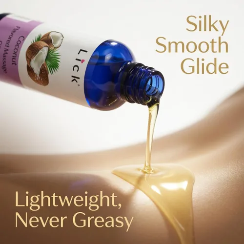 Vista 4 de Lick Aceite de masaje con sabor a coco, aceite de masaje comestible tropical con aceite de almendras dulces y vitamina E, fórmula hidratante segura