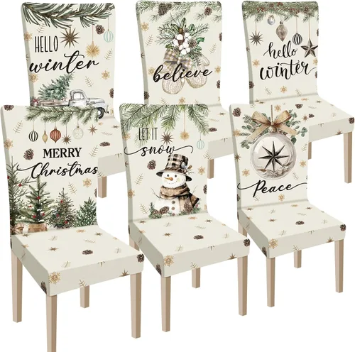 Vista 9 de Ganeen 6 piezas de fundas para sillas navideñas, funda para respaldo de silla de Navidad, funda elástica para asiento de Navidad lavable, protector