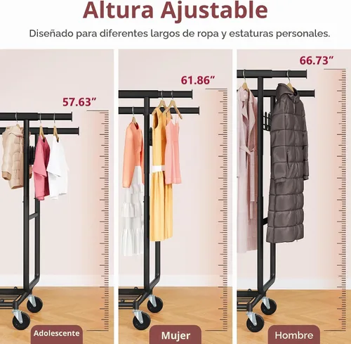 Vista 3 de Hoctieon Perchero de doble varilla de montaje en 2 minutos, estante resistente para ropa con ruedas, plegable para uso comercial, barra extensible