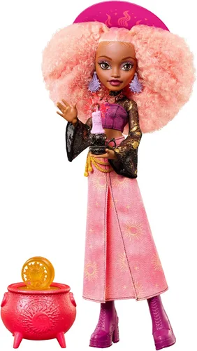Vista 9 de Monster High Muñeca, Moonspell Magic Carina Canción Bruja del amor en vestido rosa con caldero sorpresa y accesorios como espejo, sombrero y libro