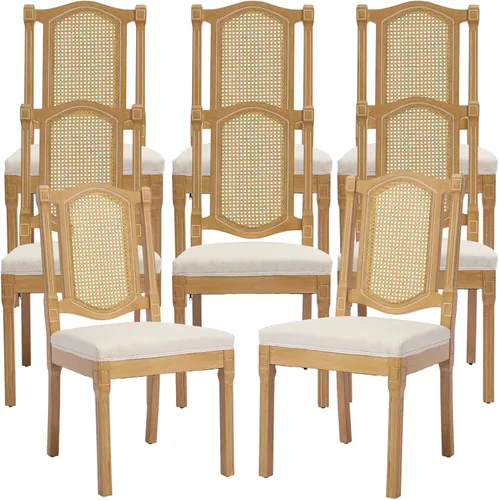 Vista 33 de ODUSE-DAILY Juego de 2 sillas de comedor French Country color beige, sillas de comedor de madera bohemia con respaldo tejido y asiento tapizado