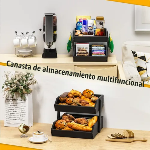 Vista 6 de Gmtsl Cesta de frutas de bambú para cocina, frutero de 2 niveles para encimera de cocina, soporte grande para frutas con 2 ganchos para plátanos
