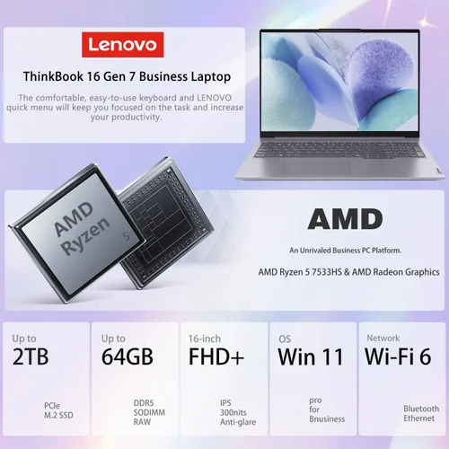 Vista 2 de Lenovo ThinkBook 16 Gen 7 Laptop 16 pulgadas FHD+ antirreflejos AMD Ryzen 5 7533HS 16GB DDR5 1TB SSD Huella digital Wi-Fi 6 HDMI