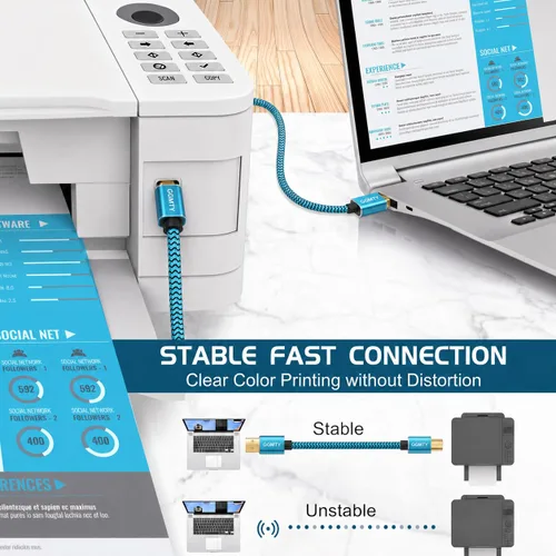 Vista 3 de Cable de impresora USB de 6 pies, cable USB 2.0 trenzado de nailon tipo A a B macho con conectores chapados en oro, cable escáner de transferencia