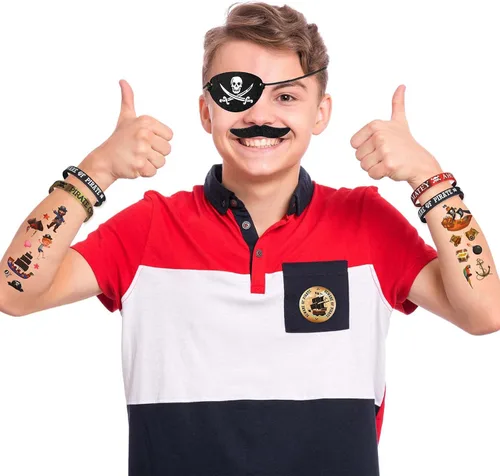 Vista 6 de 144 piezas de suministros de fiesta pirata incluyen pulsera pirata náutica tatuaje botón pin ojo parche oro moneda gema anillo bigote organza bolsa