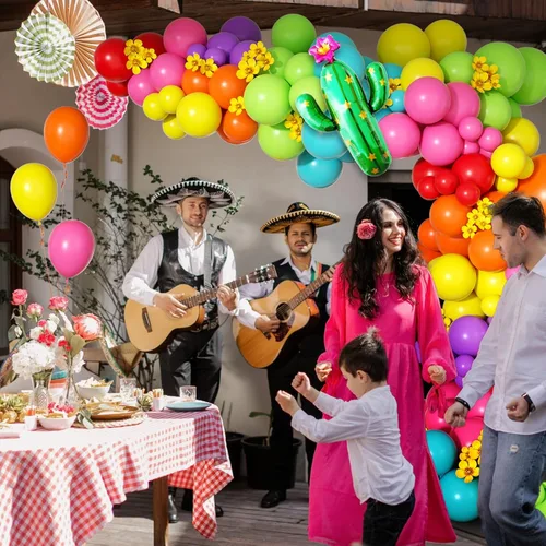 Vista 8 de Kit de guirnalda de globos de fiesta mexicana de 176 piezas con globos de aluminio amarillo, rosa intenso, verde lima, verde, naranja, morado, verde
