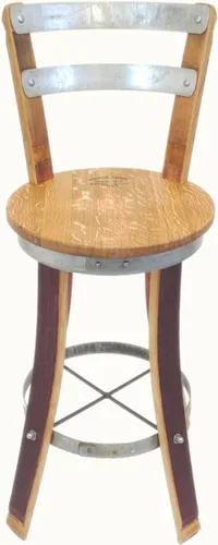 Vista 3 de Taburete giratorio con respaldo de acero, muebles de barril de vino hechos a mano (24 pulgadas de altura sentada)