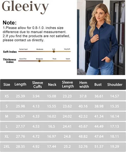 Vista 8 de Gleeivy Camisa con botones para mujer, solapa con botones ocultos, ligera, transpirable, resistente a las manchas, manga larga, trabajo e informal