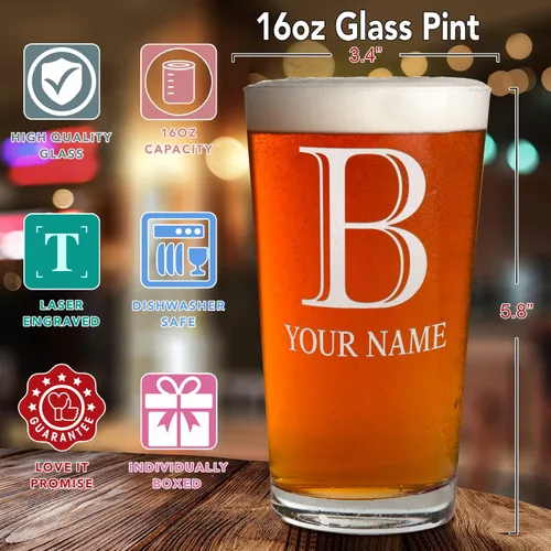 Vista 2 de Vasos personalizados con monograma, letra inicial B, vaso de cerveza grabado, 16 onzas, pintas grabadas, regalos de cumpleaños únicos para mujeres