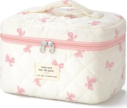 Vista 15 de HBselect Bolsa de Maquillaje Acolchada, Bolsa de Maquillaje Grande de Algodón para Viaje, Lindas Bolsas de Maquillaje con Flores Coquette, Bolsas