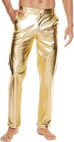 Vista 2 de Pantalones de discoteca metálicos brillantes para hombre, pantalones de cuero para fiesta de baile de estilo mojado, pantalones de cuero de los años