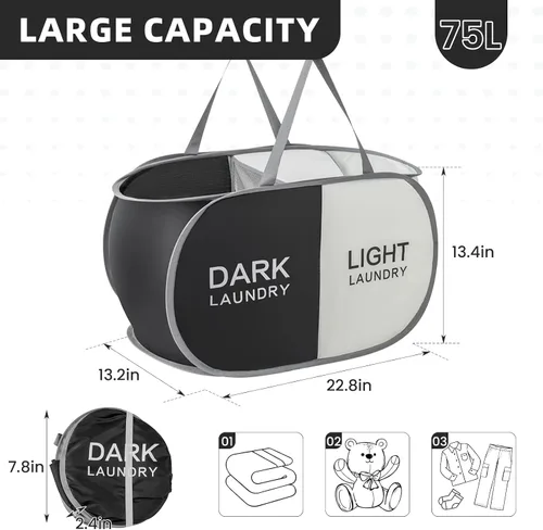 Vista 3 de Cesta plegable para la ropa sucia duradera con 2 compartimentos para clasificar y almacenar, cesta portátil para ropa sucia para dormitorio, cuarto