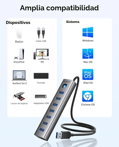 Vista 8 de ORICO Hub USB 3.0 de 7 puertos, adaptador múltiple USB de aluminio, extensor USB de 5 Gbps con cable de 1.64 pies, cable largo UBS-A Hub