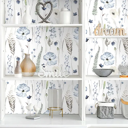 Vista 6 de VEELIKE Papel tapiz floral azul de acuarela para despegar y pegar, papel tapiz botánico de helecho bohemio para dormitorio, baño, guardería, 17.7 x