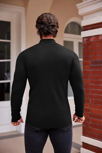Vista 4 de COOFANDY Suéter de cuello alto falso para hombre, ajuste delgado, informal, básico, suéter térmico de punto 01-Negro
