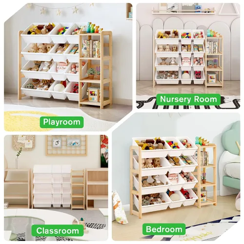 Vista 6 de MallBest Organizador de almacenamiento de madera con estantería, estante de madera de pino maciza con 12 contenedores extraíbles y estante lateral