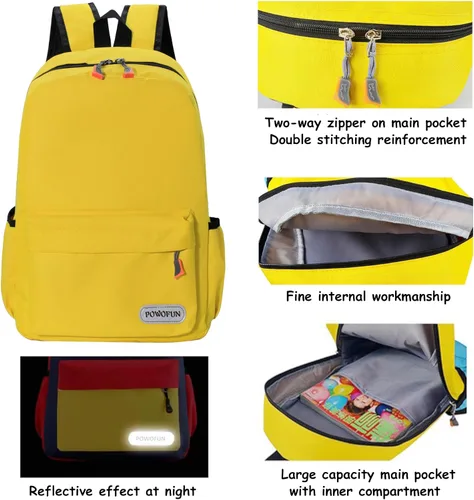 Vista 5 de Mochila para niños de 15 pulgadas, ligera, para escuela primaria, para jardín de infantes, mochila de viaje casual, Amarillo