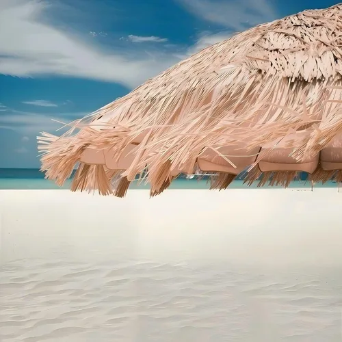 Vista 7 de Hula - Sombrilla Tiki de paja tropical, palapa, rafia, tiki hut, sombrilla hawaiana para patio con flecos, sombrilla bohemia de 6 pies 8 pies y 9