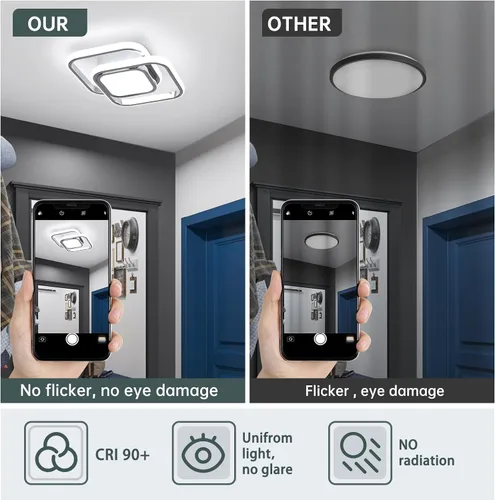 Vista 4 de CANEOE Lámpara de Techo Cuadrada para Pasillo, 6000K Blanco Frío Luz de Techo Moderna de Montaje al Ras, Accesorios de Iluminación LED Cromados