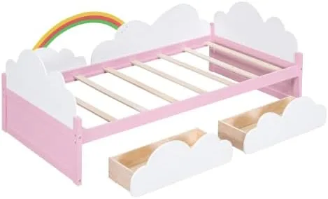 Vista 5 de Cama de tamaño individual con nubes – Base de cama artística con elementos del cielo y toque verde – Perfecto para niñas – Cama divertida e