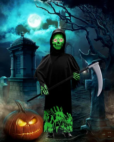 Vista 4 de Woochic Disfraz de la parca para niños, disfraces de Halloween aterradores con guadaña, disfraz que brilla en la oscuridad para niños y niñas