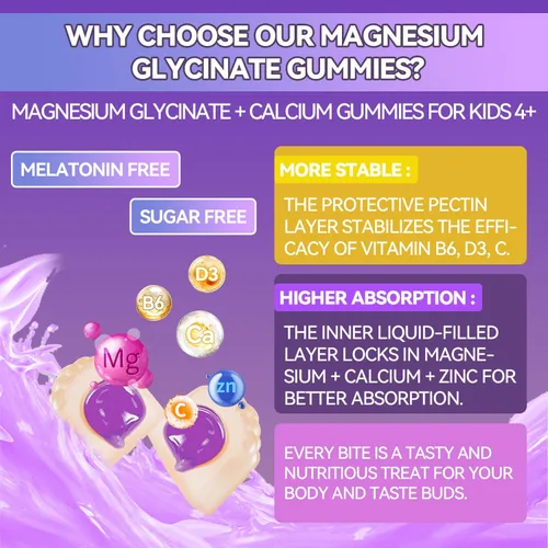 Vista 5 de Glicinato de magnesio + calcio para niños, sin azúcar, gomitas de magnesio para dormir, sin melatonina, suplemento de magnesio para niños, Zzz &