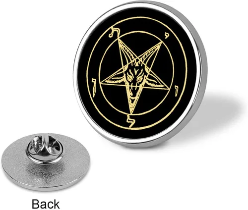 Vista 3 de Pentáculo invertido de oro Baphomet de estaño satánico de cabra esmaltada lindo Pin de solapa de metal redondo insignias broches para ropa, bolsas
