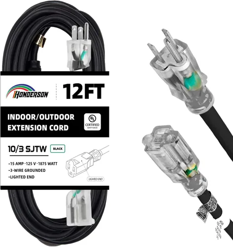 Vista 31 de Cable de Extensión HONDERSON con Extremo Iluminado, Certificado UL, Calibre 10, 1 Pie, Negro, 3 Puntas, Resistente, 10/3 SJTW, 15A, Cable de Energía