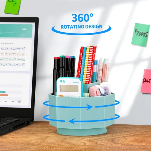 Vista 5 de LETURE Organizador de escritorio, soporte para lápices giratorio de 360 grados, 5 compartimentos, organizador de escritorio estacionario, caja