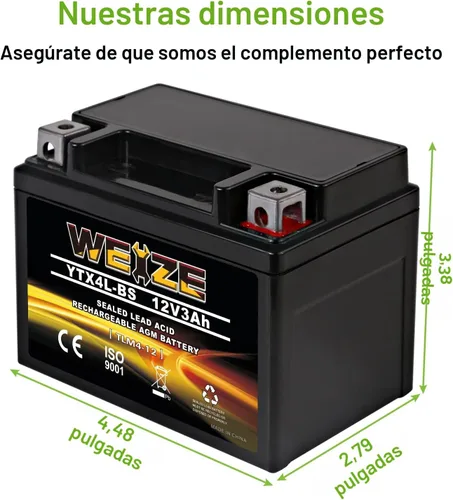 Vista 3 de Weize YTX4L-BS - Batería de motocicleta sellada recargable de alto rendimiento compatible con Polaris Scrambler, Sportsman 90, Honda Scooters NQ50
