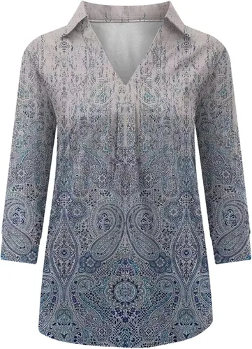 Vista 5 de Ladies Tops and Blouses 34 Sleeve Floral Collared V Neck Tops Women's Boho Tops Summer Spring Fashion for Women 2024