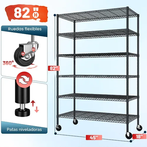 Vista 3 de Romorgniz Estantes de almacenamiento de 82 pulgadas de alto x 45 pulgadas de ancho x 18 pulgadas de profundidad con ruedas, estantes de alambre de 6