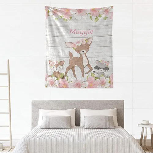 Vista 4 de Manta de bebé personalizada de animales del bosque floral rosa con nombre para niñas y niños, mantas personalizadas para guardería, regalos