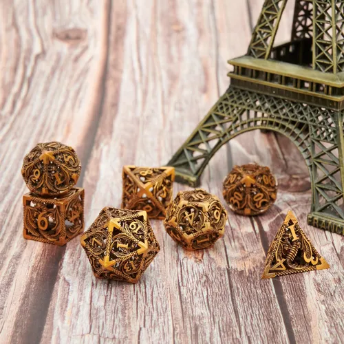 Vista 6 de Juego de dados de metal hueco poliédrico dragón volador 2 juegos para Calabozos y Dragones RPG MTG Juegos de mesa D&D Pathfinder Shadowrun
