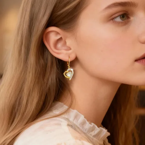 Vista 2 de Aretes colgantes de corazón de plata para mujer, aretes dorados con cierre