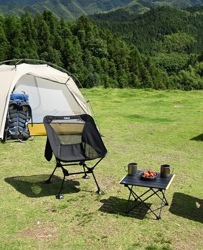 Vista 6 de iClimb Silla de camping ultraligera compacta plegable para playa con pies grandes antihundimiento y soporte de espalda con cuerda