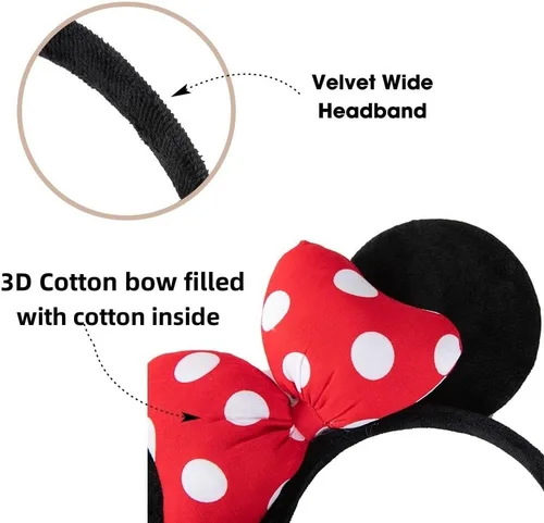 Vista 2 de JIAHANG Diadema de terciopelo con orejas de ratón, lazo de algodón 3D con lunares, decoración de fiesta, disfraces, accesorios para el cabello