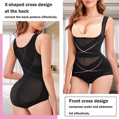 Vista 4 de BRABIC Body de malla para mujer, con control de abdomen, entrenador de cintura, levantador de glúteos, moldeador de cuerpo adelgazante, busto abierto