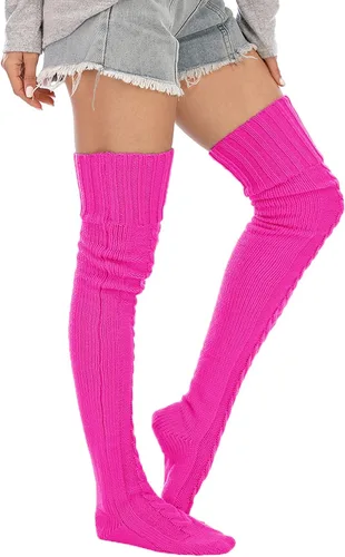 Vista 4 de SherryDC Calcetines altos de punto trenzado para mujer, medias de invierno extra largas sobre la rodilla