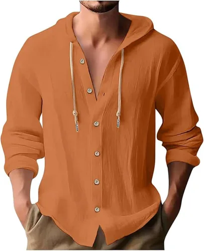 Vista 29 de Camisas de lino para hombre, casual, con botones, de verano, algodón, lino, con capucha, para playa, manga larga, con capucha