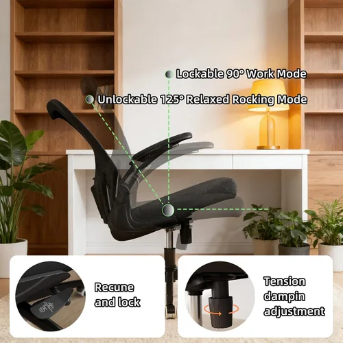 Vista 3 de Silla de oficina ergonómica, silla de escritorio de malla con respaldo alto para computadora con altura ajustable, soporte lumbar, reposabrazos
