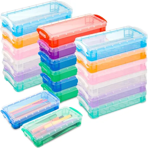 Vista 8 de Gueevin Caja de lápices de gran capacidad de plástico de 24 piezas, estuche de lápices transparente de plástico con tapa de cierre hermético, caja