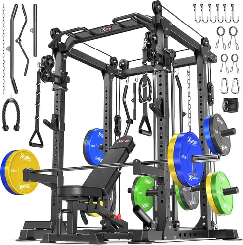 Vista 13 de Power Cage - Rack de Potencia Multifunción con Sistema de Cruce de Cables, Rack para Sentadillas de Capacidad de 1800 LBS con Banco de Pesas
