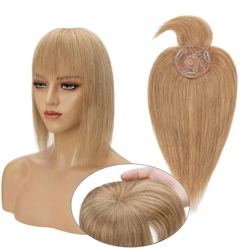 Vista 24 de MY-LADY Top Hairpieces para mujer con flequillo, base mono natural, 100% cabello humano real, clip en pieza de cabello lacio en medio para pérdida